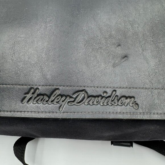 Harley-Davidson Black Leather Canvas Travel Bag With Embossed Logo Durable Strap - Picture 2 of 12